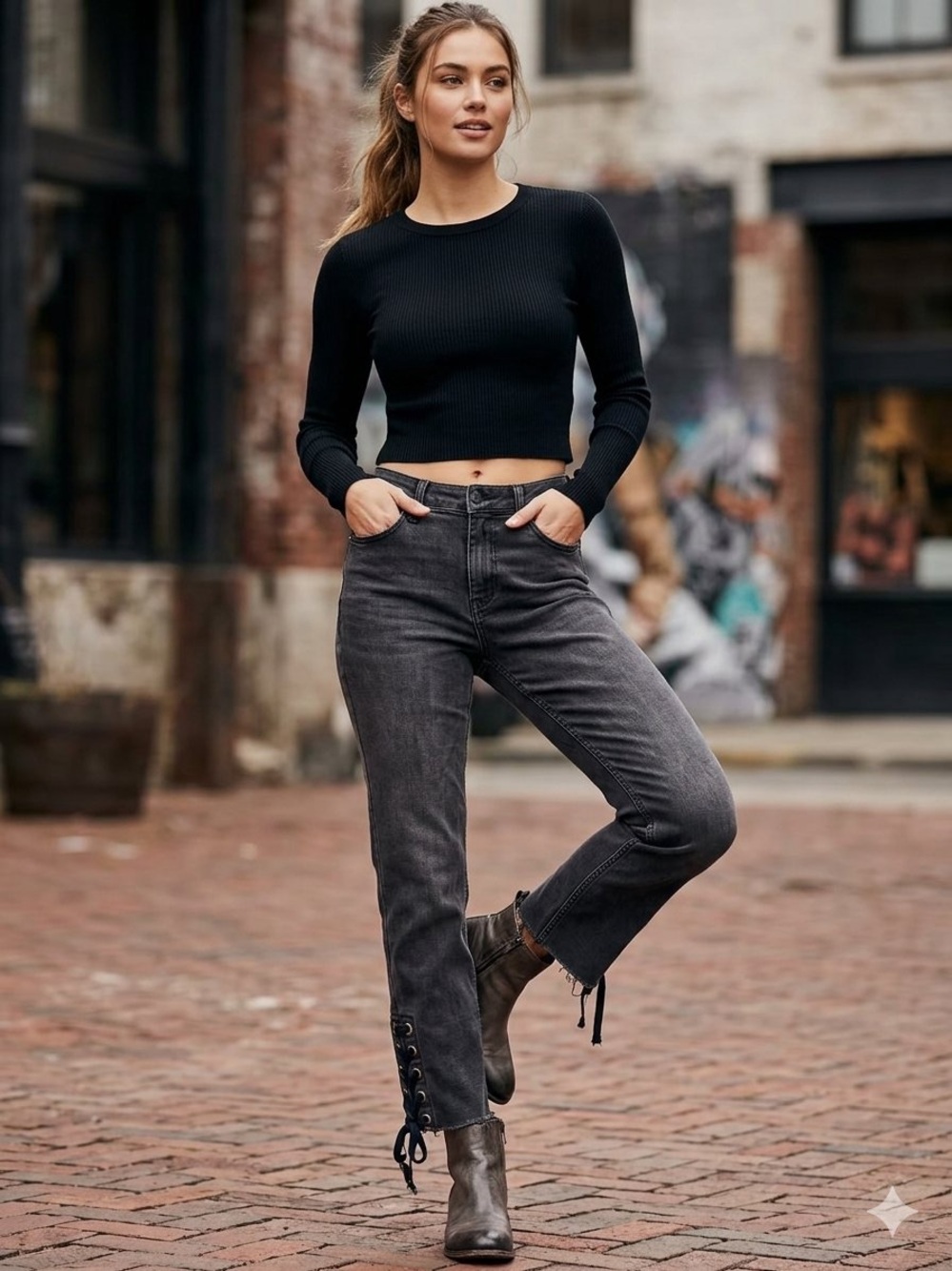 Silver jeans trendy dark wash with lace up detail and frayed hem - size 4 US